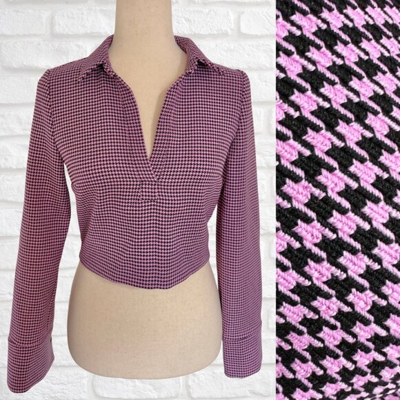 Zara Purple Black Houndstooth Long Sleeve Collared V-Neck Crop Top Suit Size S - Picture 1 of 10